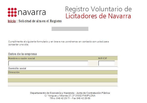 Registro Voluntario de Licitadores de Navarra. Inscripción y renovación.